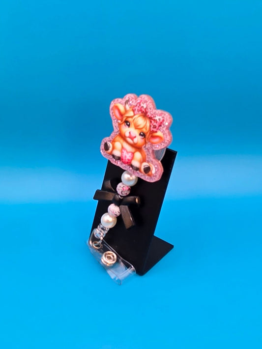 Pink Cow with a Bow Acrylic Badge Reel