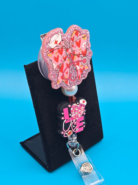 Pink Medical Bow with Focal Bead Acrylic Badge Reel
