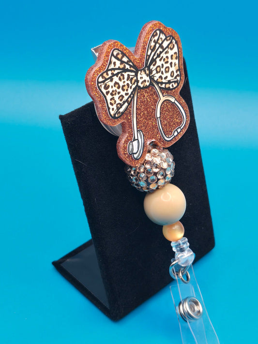 Orange Leopard Print Medical Bow Acrylic Badge Reel