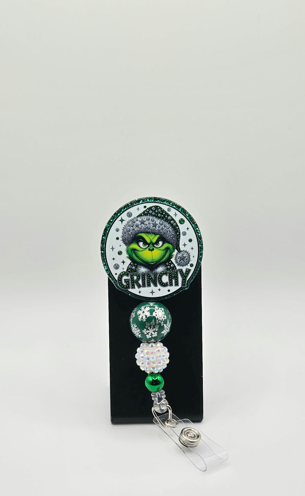 “Grinchy” Sassy Christmas Badge Reel – Acrylic &amp; Rhinestone Beads | 360° Swivel Clip