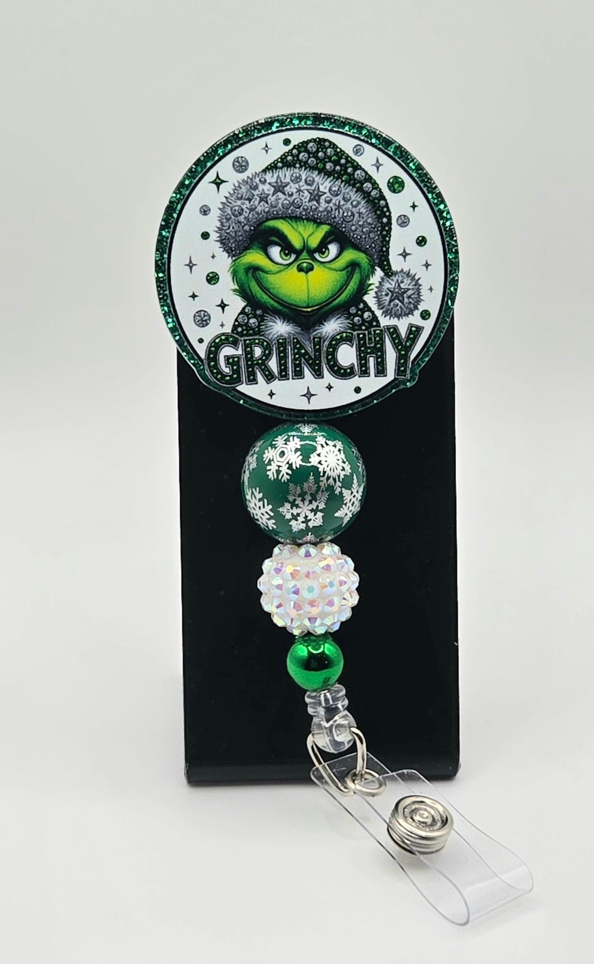 “Grinchy” Sassy Christmas Badge Reel – Acrylic &amp; Rhinestone Beads | 360° Swivel Clip