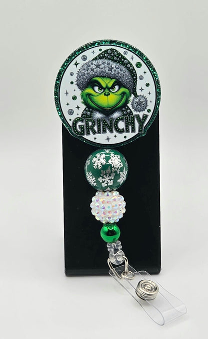 “Grinchy” Sassy Christmas Badge Reel – Acrylic &amp; Rhinestone Beads | 360° Swivel Clip