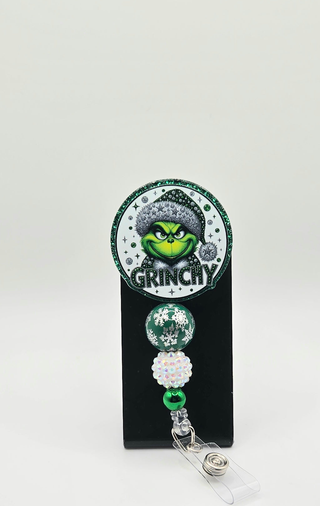 “Grinchy” Sassy Christmas Badge Reel – Acrylic &amp; Rhinestone Beads | 360° Swivel Clip