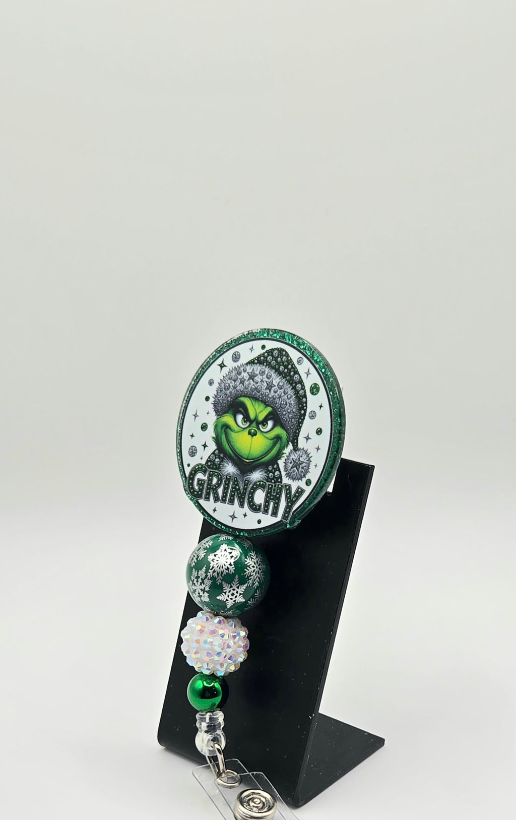 “Grinchy” Sassy Christmas Badge Reel – Acrylic &amp; Rhinestone Beads | 360° Swivel Clip