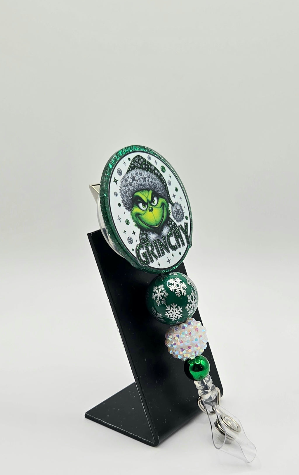 “Grinchy” Sassy Christmas Badge Reel – Acrylic &amp; Rhinestone Beads | 360° Swivel Clip