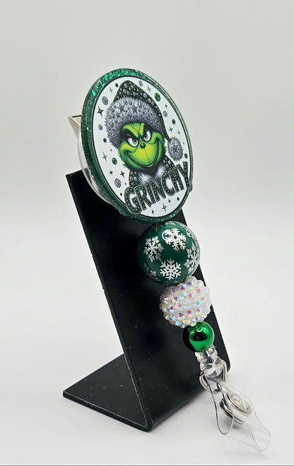 “Grinchy” Sassy Christmas Badge Reel – Acrylic &amp; Rhinestone Beads | 360° Swivel Clip