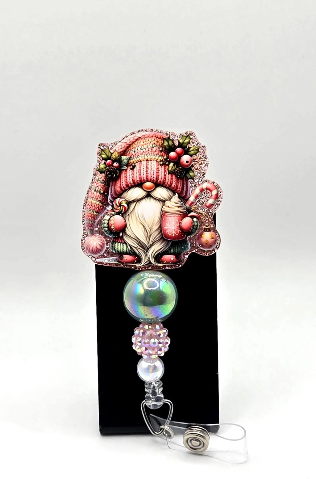 ✨ Pink Christmas Gnome Badge Reel – Cute Holiday ID Holder ✨