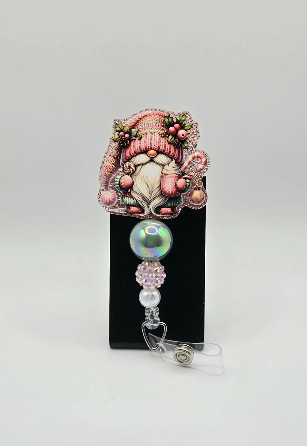 ✨ Pink Christmas Gnome Badge Reel – Cute Holiday ID Holder ✨