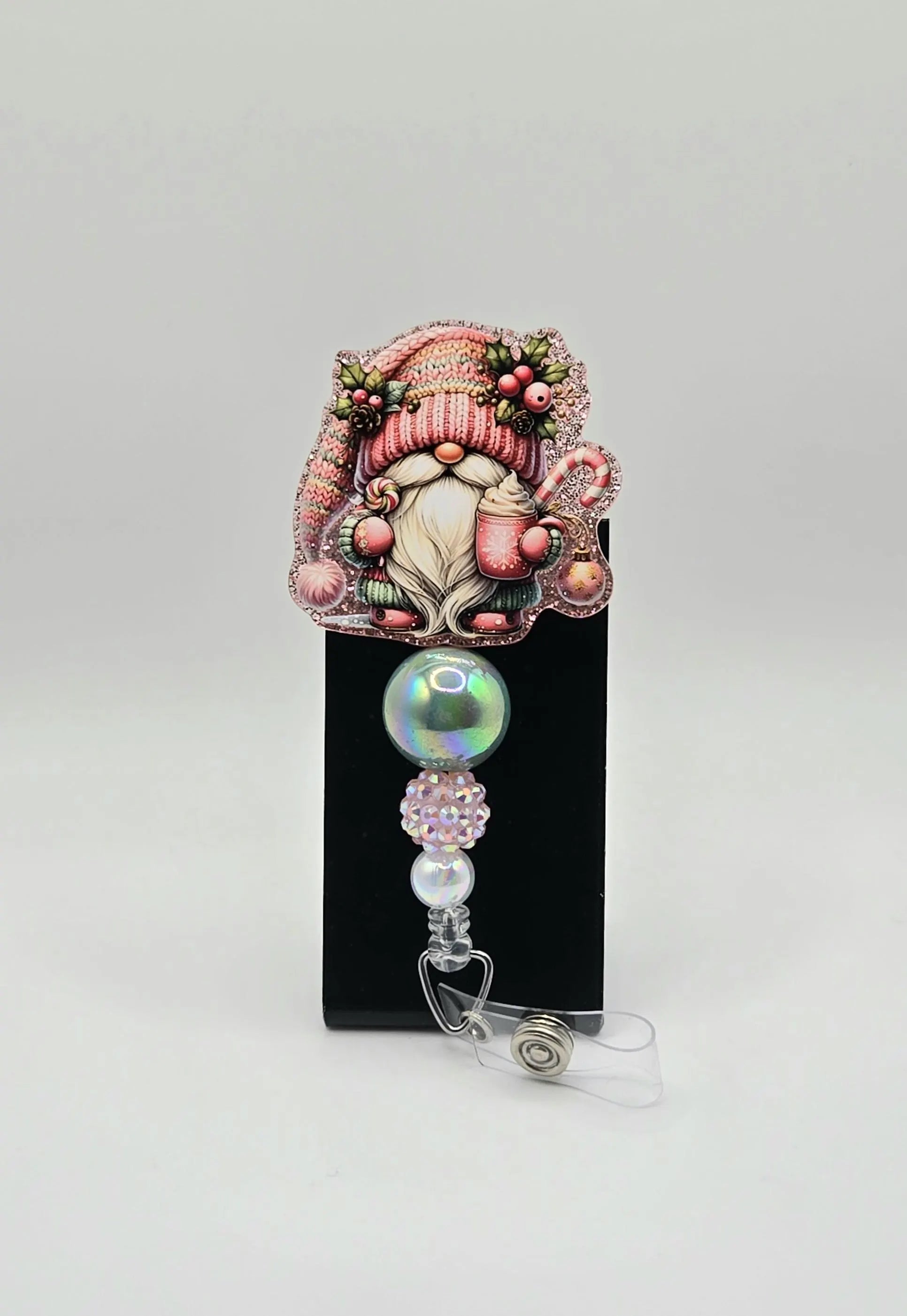 ✨ Pink Christmas Gnome Badge Reel – Cute Holiday ID Holder ✨