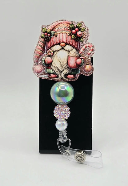 ✨ Pink Christmas Gnome Badge Reel – Cute Holiday ID Holder ✨