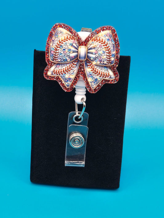 Sports Themed Bow with Baseballs Acrylic Badge Reel