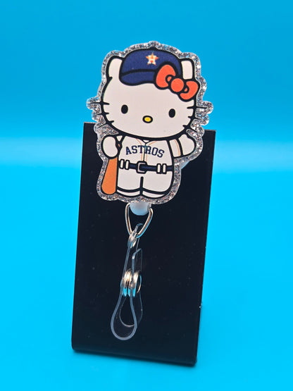 Sports Themed Cat with Bat Acrylic Badge Reel