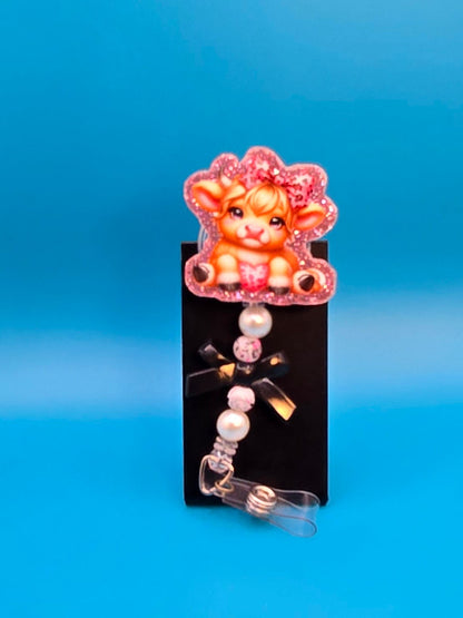 Pink Cow with a Bow Acrylic Badge Reel