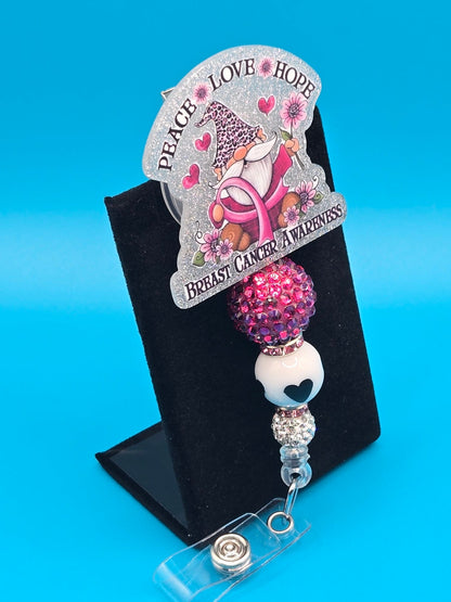 Peace, Love,  Hope  Breast Cancer Awareness Acrylic Badge Reel