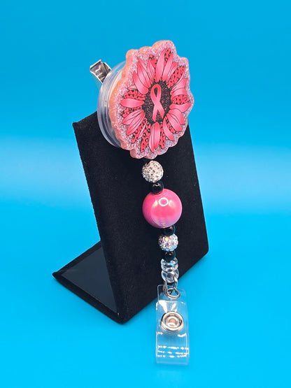 Pink Ribbon Flower Acrylic Badge Reel