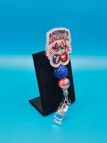 Red, White, and Blue Patriotic Cherries Acrylic Badge Reels