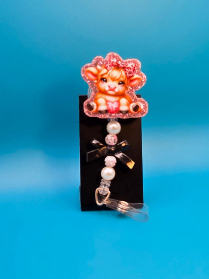 Pink Cow with a Bow Acrylic Badge Reel