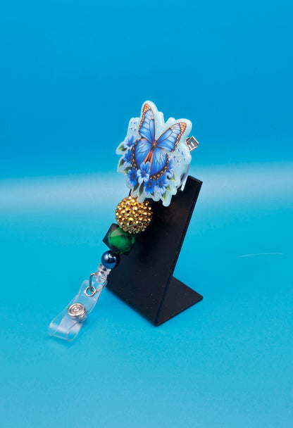 Beautiful Blue and Gold Butterfly Acrylic Badge Reel