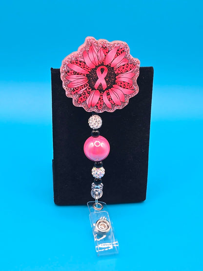 Pink Ribbon Flower Acrylic Badge Reel