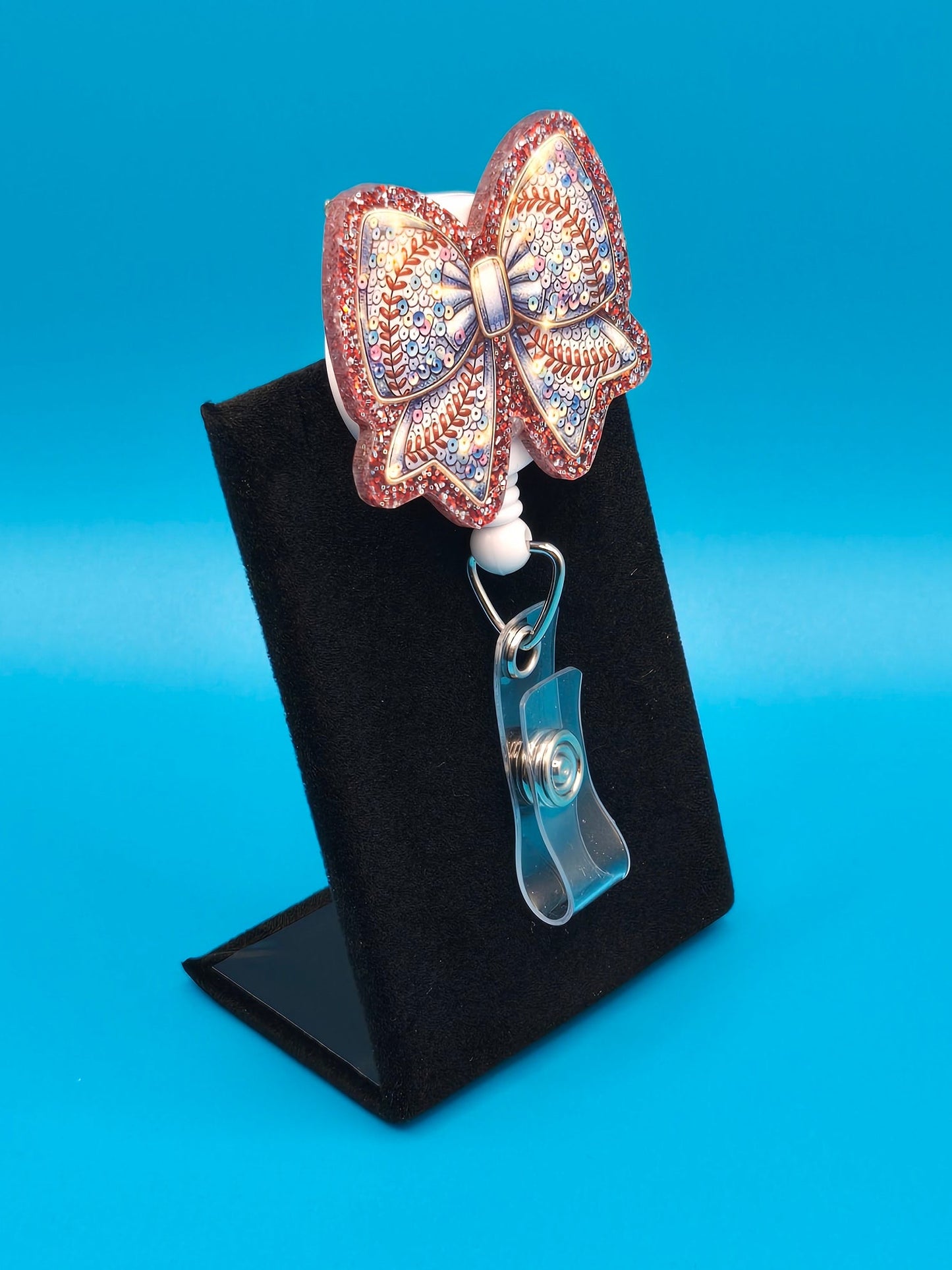 Sports Themed Bow with Baseballs Acrylic Badge Reel