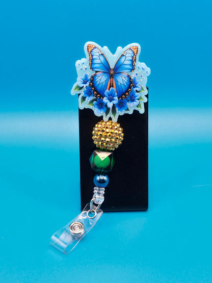 Beautiful Blue and Gold Butterfly Acrylic Badge Reel