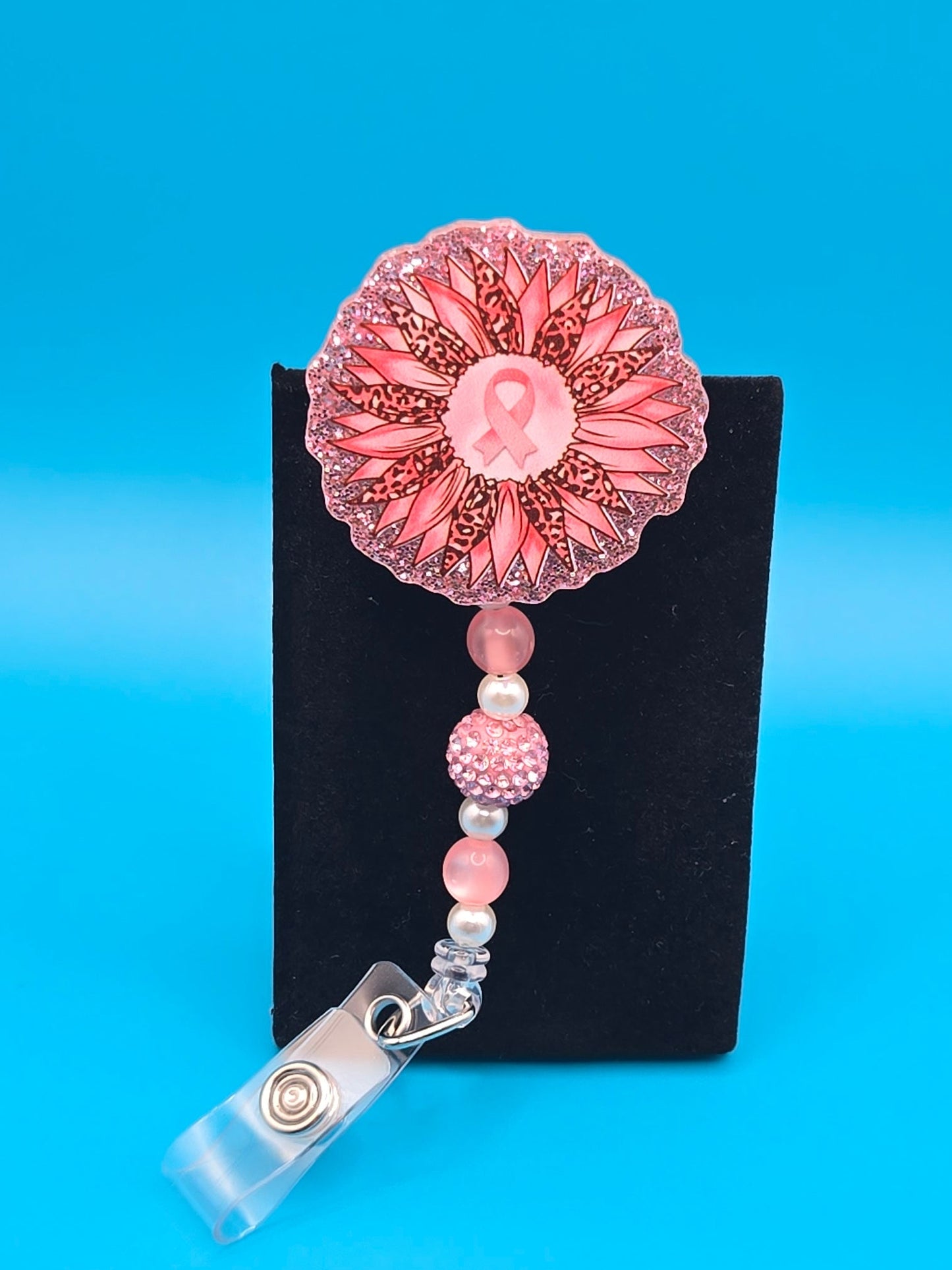 Pink Ribbon Flower Acrylic Badge Reel