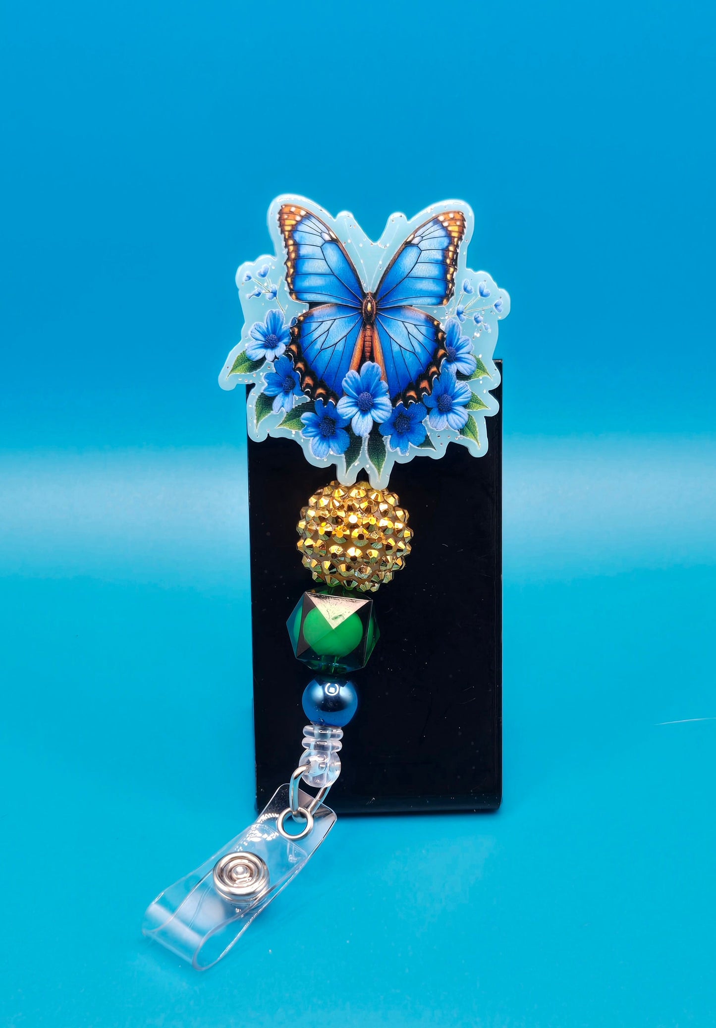 Beautiful Blue and Gold Butterfly Acrylic Badge Reel