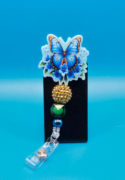 Beautiful Blue and Gold Butterfly Acrylic Badge Reel