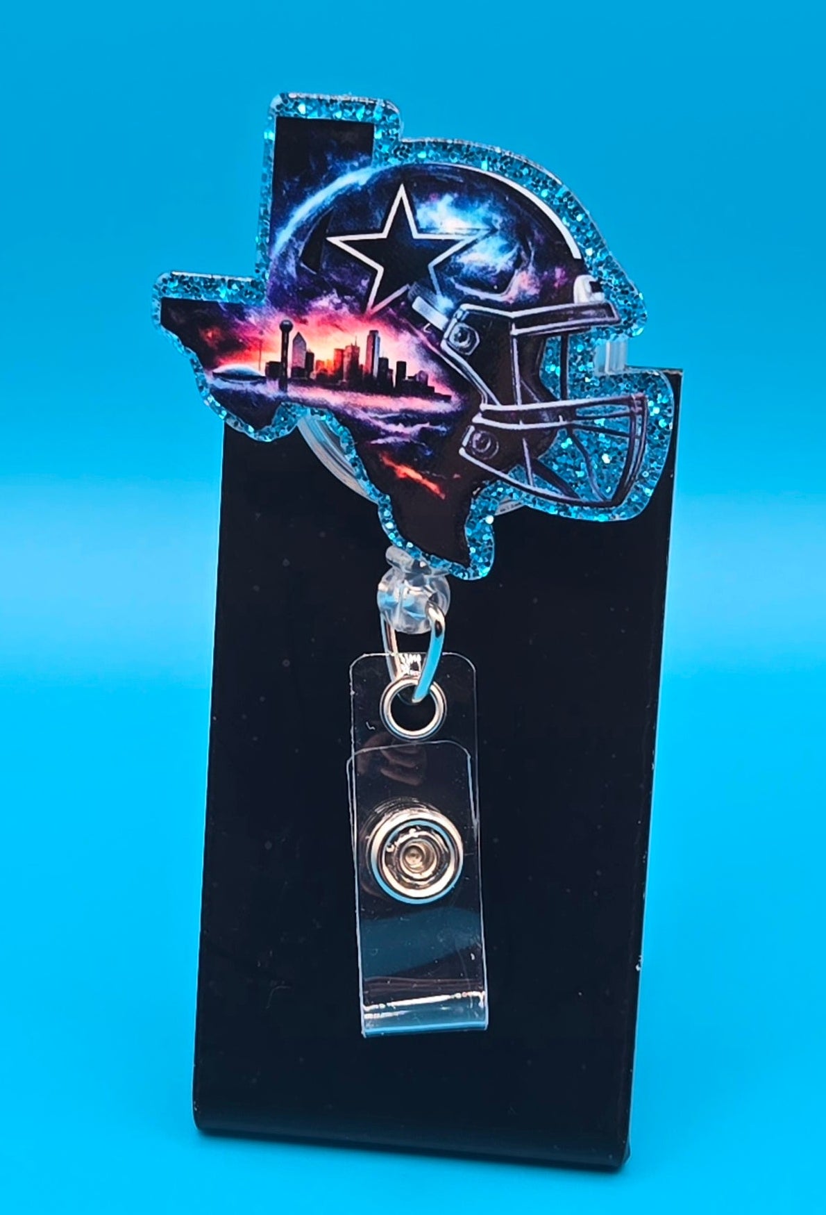 Sports Themed Helmet City Scape Acrylic Badge Reel