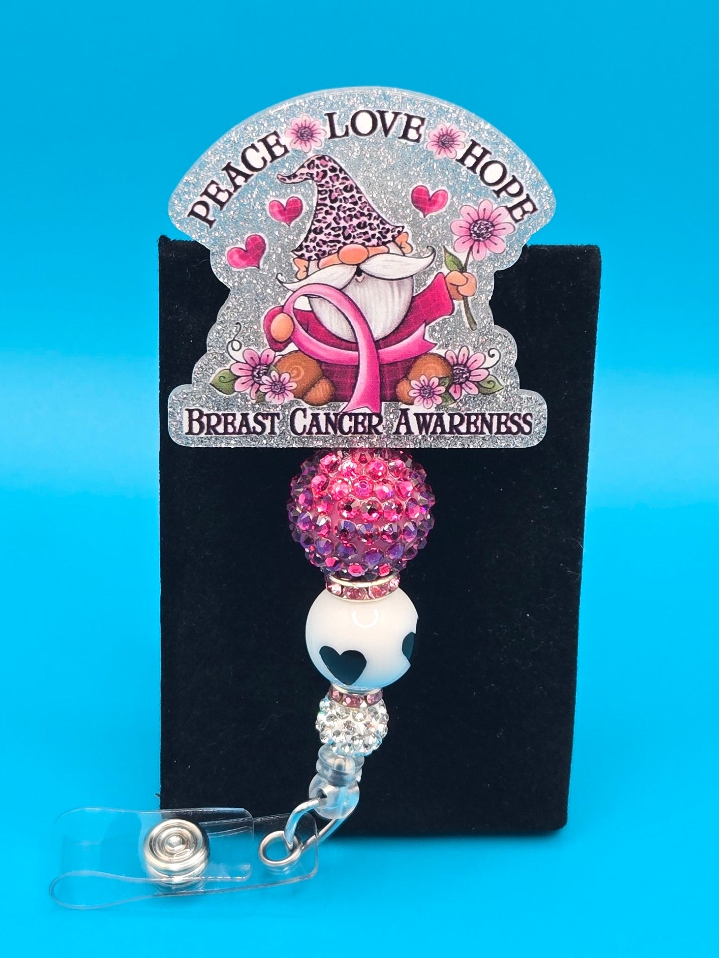Peace, Love,  Hope  Breast Cancer Awareness Acrylic Badge Reel