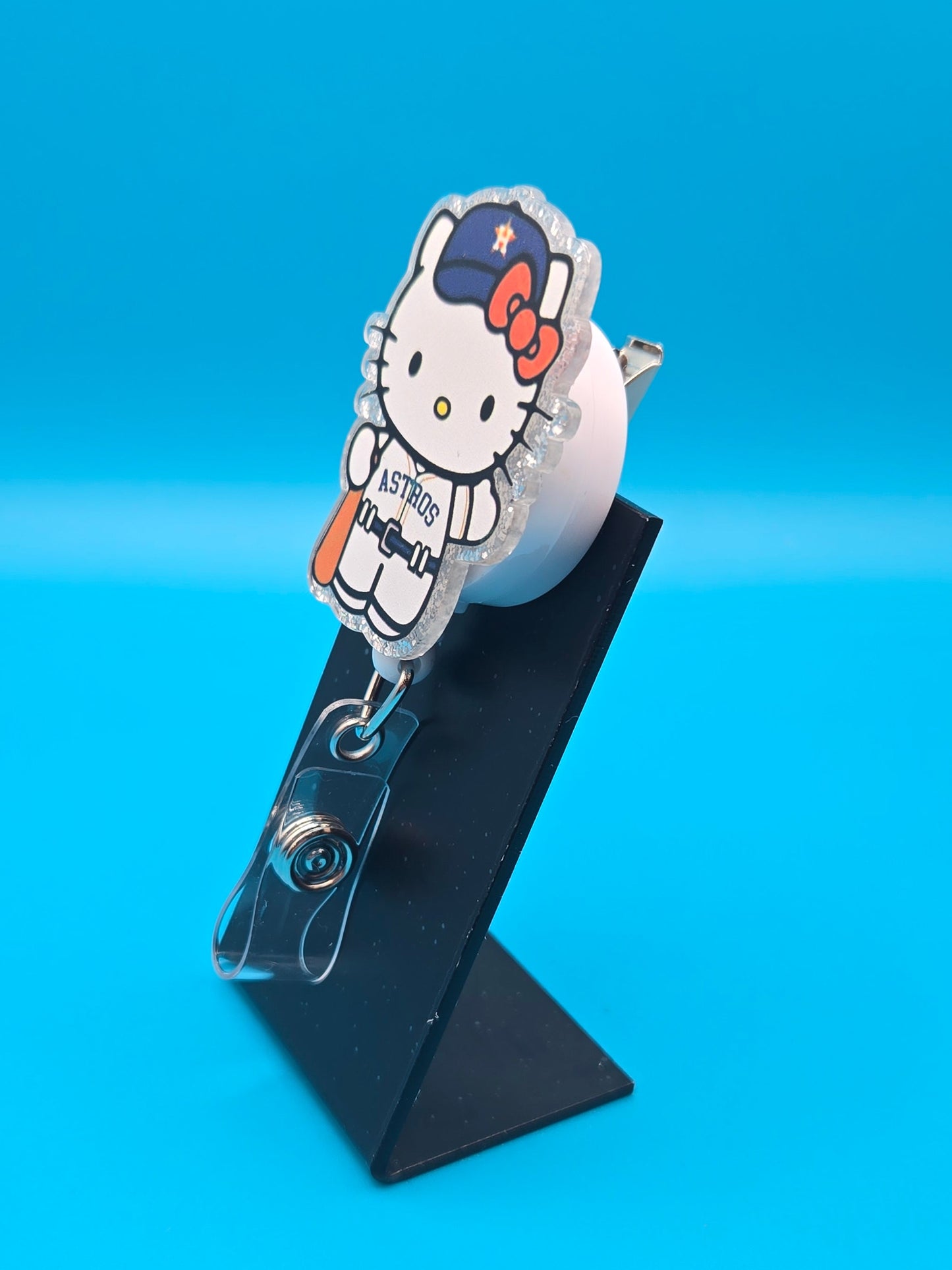Sports Themed Cat with Bat Acrylic Badge Reel