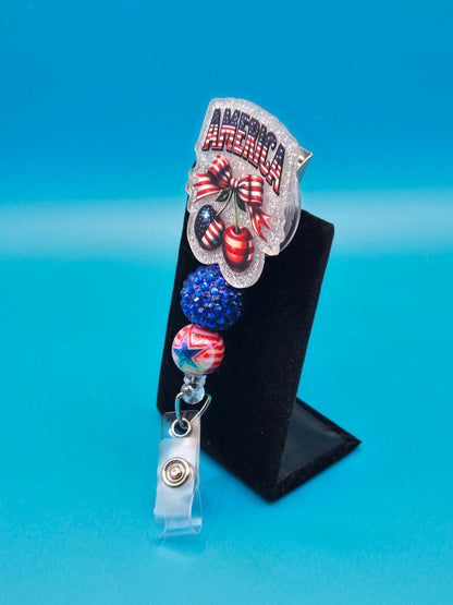 Red, White, and Blue Patriotic Cherries Acrylic Badge Reels