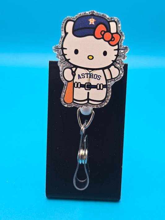 Sports Themed Cat with Bat Acrylic Badge Reel