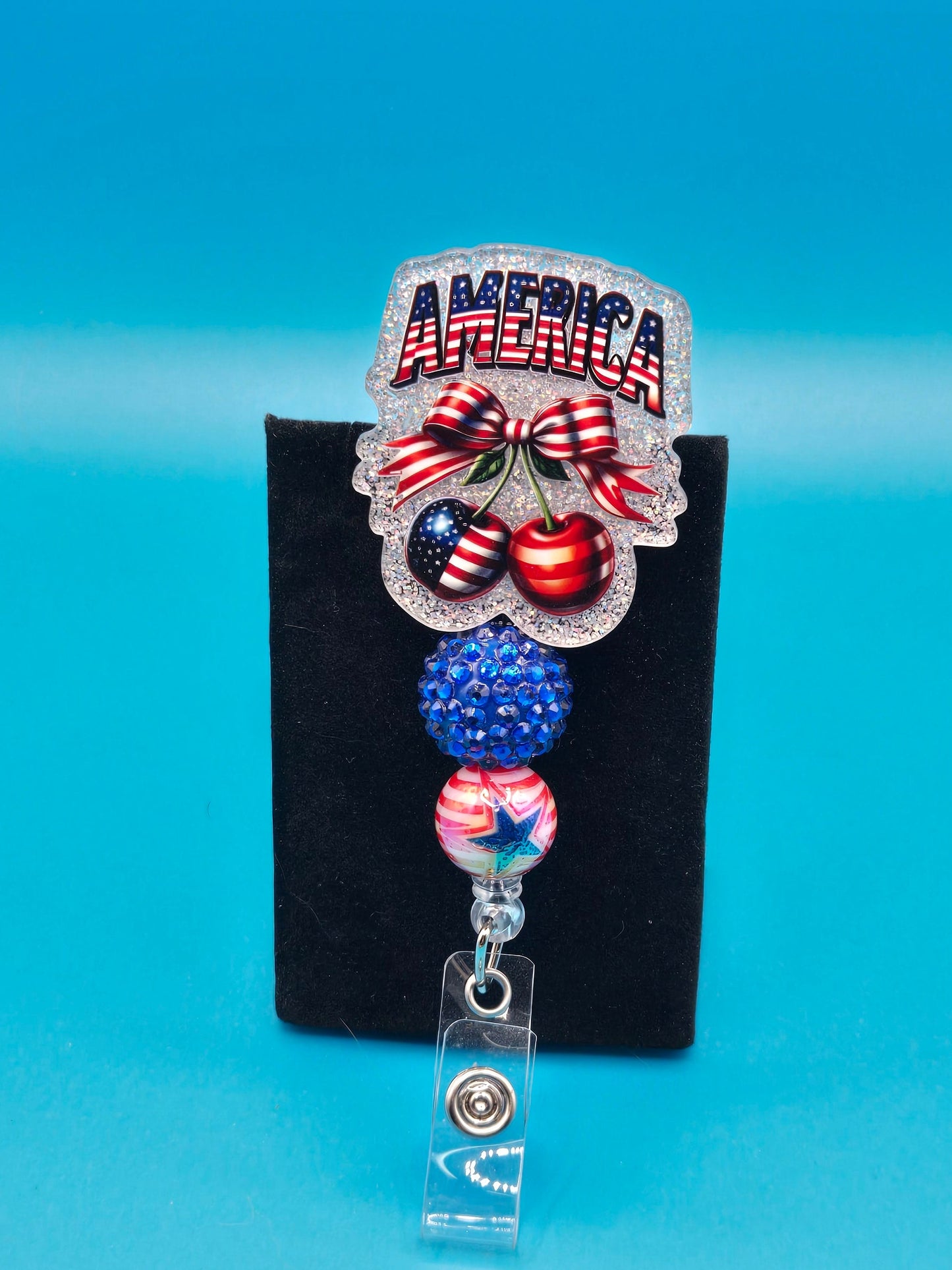 Red, White, and Blue Patriotic Cherries Acrylic Badge Reels